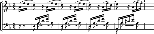 \new ChoirStaff <<
\new Staff \relative a' { \key d \minor \time 3/8 \partial 8.
\repeat unfold 3 { a16\( f' e | d8-.\) r16 } a\( f' d |
e8\) r16 a,\( g' f | \mark "•" s\) }
\new Staff \relative d { \clef bass \key d \minor \mergeDifferentlyDottedOn
r16 r8 | << { \repeat unfold 3 { d16 a' d f s8 } a,,16 a' cis e s8 }
\\ { \autoBeamOff d,16 a'8. _~ a8 d,16 a'8. _~ a8 d,16 a'8. _~ a8 a,16 a'8. ~ a8 } >> s16 } >>