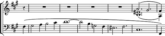 \new ChoirStaff << \override Score.Rest #'style = #'classical \override Score.TimeSignature #'stencil = ##f
\new Staff \relative a' { \time 6/4 \partial 4 \key fis \minor
r4 | R1.*4 | << { a2.^( gis | fis4 ) } \\ { <eis b>1._( | a,4) } >> }
\new Staff \relative f { \clef bass \key fis \minor
fis4^\( gis2 a4 b2 cis4 | d1. ^~ d2 b4 g2 fis4 |
eis2. fis | cis1. | fis,4\) } >>