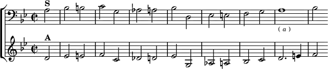 \new ChoirStaff <<
\new Staff \relative a { \clef bass \key bes \major \time 2/2 \partial 2
a2^\markup \bold "S" | bes b | c g | aes a | bes d, |
ees e | f g | a1_\markup \tiny { ( \italic a ) } | bes2 }
\new Staff \relative d' { \key bes \major
d2^\markup \bold "A" | ees e | f c | des d | ees g, |
aes a | bes c | d2. e4 | f2 } >>
