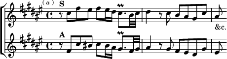 \new ChoirStaff <<
\new Staff \relative c'' { \key fis \major \time 4/4 \mark \markup \tiny { ( \italic a ) }
r8^\markup \bold "S" cis fis eis fis eis16 dis cis8.\prall b32 cis |
dis4 r8 cis b ais gis cis | ais_"&c." }
\new Staff \relative f' { \key fis \major
r8^\markup \bold "A" fis cis' bis cis bis16 ais gis8.\prall fis32 gis |
ais4 r8 gis fis eis dis gis | eis } >>