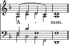 <<
\new Staff { \clef treble \time 4/2 \key d \minor \set Staff.midiInstrument = "church organ" \omit Staff.TimeSignature
\relative c' << { d2^( e d c) | d1 \bar"||" } \\ { a2 c d a | a1 } >> }
\new Lyrics \lyricmode { A -- _ men. }
\new Staff { \clef bass \key d \minor \set Staff.midiInstrument = "church organ" \omit Staff.TimeSignature
\relative c << { f2 c' f,1 | f } \\ { d2 c bes f | d1 } >> }
>>
\layout { indent = #0 }
\midi { \tempo 4 = 144 }