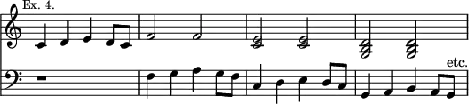 { << \new Staff \relative c' { \time 4/4 \override Score.TimeSignature #'stencil = ##f \mark \markup \small "Ex. 4."
c4 d e d8 c | f2 f | <e c> q | <d b g> q }
\new Staff \relative f { \clef bass
r1 | f4 g a g8 f | c4 d e d8 c | g4 a b a8 g^"etc." } >> }