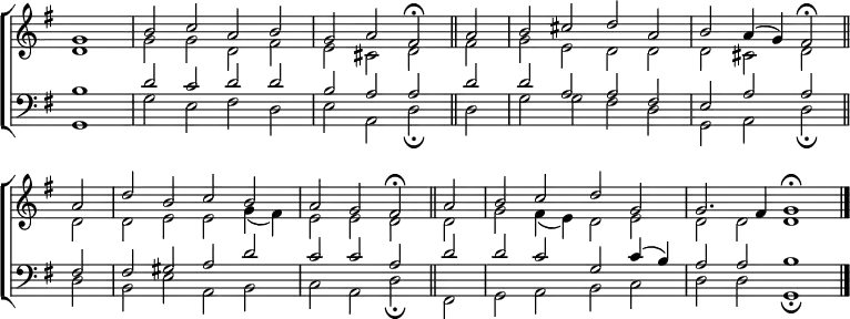 \new ChoirStaff <<
\new Staff { \clef treble \time 4/2 \key g \major \partial 1 \set Staff.midiInstrument = "church organ" \omit Staff.TimeSignature \set Score.tempoHideNote = ##t \override Score.BarNumber #'transparent = ##t
\relative c''
<< { g1 | b2 c a b | g a fis \fermata \bar"||"
a | b cis d a | b a4( g) fis2 \fermata \bar"||" \break
a | d b c b | a g fis \fermata \bar"||"
a | b c d g, | 2. fis4 g1 \fermata \bar"|." } \\
{ d1 | g2 g d fis | e cis d fis | g e d d | d cis d
d | d e e g4( fis) | e2 e d d | g fis4( e) d2 e | d d d1 } >>
}
\new Staff { \clef bass \key g \major \set Staff.midiInstrument = "church organ" \omit Staff.TimeSignature
\relative c'
<< { b1 | d2 c d d | b a a d | d a a fis | e a a
fis | fis gis a d | c c a d | d c g c4( b) | a2 a b1 } \\
{ g,1 | g'2 e fis d | e a, d \fermata d | g g fis d | g, a d \fermata
d | b e a, b | c a d \fermata fis, | g a b c | d d g,1 \fermata } >>
}
>>
\layout { indent = #0 }
\midi { \tempo 2 = 72 }