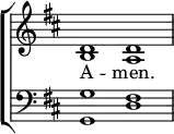 \new ChoirStaff <<
\new Staff { \clef treble \time 4/2 \key d \major \set Staff.midiInstrument = "church organ" \omit Staff.TimeSignature \set Score.tempoHideNote = ##t \override Score.BarNumber #'transparent = ##t
\relative c'
<< { d1 d } \\
{ b a } >>
}
\addlyrics { A -- men. }
\new Staff { \clef bass \key d \major \set Staff.midiInstrument = "church organ" \omit Staff.TimeSignature
\relative c'
<< { g fis } \\
{ g, d' } >>
}
>>
\layout { indent = #0 }
\midi { \tempo 2 = 39 }