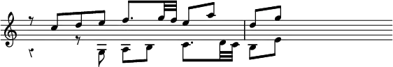 { \new Staff << \override Score.Rest #'style = #'classical \override Score.TimeSignature #'stencil = ##f \time 4/4
 \new Voice \relative f'' { \stemUp
  f8\rest c d e f8. g32 f e8 a | d, g s2 }
 \new Voice \relative g { \stemDown
  g4\rest r8 g a b c8. d32 c | b8[ e] } >> }
