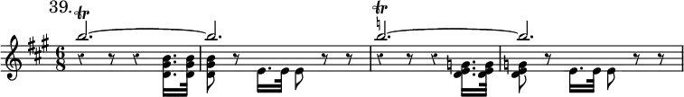 { \new Staff << \mark "39." \key a \major \time 6/8 \override Score.Rest #'style = #'classical
\new Voice \relative b'' { \stemUp b2.\trill ^~ b | b^\markup \teeny \natural \trill ^~ b }
\new Voice \relative e' { \stemDown r4 r8 r4 <d gis b>16. q32 | q8 r e16. e32 e8 r r | r4 r8 r4 <d g e>16. q32 | q8 r e16. e32 e8 r r %g correct to e per note on page 792 in Appendix.
} >> }