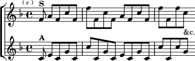 \new ChoirStaff <<
\new Staff \relative f' { \key f \major \time 4/4 \partial 8*5 \mark \markup \tiny { ( \italic e ) }
f8^\markup \bold "S" a f c' f, | f' f, c' f, a f c' f, | f' f, f' c_"&c." }
\new Staff \relative c' { \key f \major
c8^\markup \bold "A" e c g' c, | c' c, g' c, e c g' c, | c' c, c' g } >>