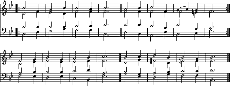 << <<
\new Staff { \clef treble \time 3/4 \key bes \major \set Staff.midiInstrument = "church organ" \omit Staff.TimeSignature \set Score.tempoHideNote = ##t \override Score.BarNumber #'transparent = ##t
\relative c''
\repeat volta 2 { << { \bar ".|:" bes2 f4 | g2 bes4 | bes2 a4 | bes2. \bar"||" | a2 bes4 | c2 f,4 | g4( a) g | f2. \break } \\
{ d2 f4 | es2 d4 | f2 f4 | f2. | f2 f4 | f2 f4 | f2 e4 | f2. } >> }
\relative c' {
<< { f2 g4 | bes2 g4 | a2 bes4 | c2. \bar"||" | bes2 c4 | d2 bes4 | bes2 a4 | bes2. \bar"|." } \\
{ c,2 es4 | f2 es4 | es2 f4 | f2. | d2 g4 | fis2 d4 | f!2 f4 | f2. } >> }
}
\new Staff { \clef bass \key bes \major \set Staff.midiInstrument = "church organ" \omit Staff.TimeSignature
\relative c'
\repeat volta 2 { << { bes2 bes4 | bes2 bes4 | c2 c4 | d2. | d2 d4 | c2 a4 | d2 g,4 | a2. } \\
{ bes,2 d4 | es2 g4 | f2 f4 | bes,2. | d2 bes4 | a2 d4 | bes2 c4 | f2. } >> }
\relative c' {
<< { a2 bes4 | bes2 bes4 | c2 d4 | a2. | bes2 g4 | a2 bes4 | c2 c4 | d2. } \\
{ f,2 es4 | d2 es4 | c2 bes4 | f'2. | g2 es4 | d2 g4 | f2 f4 | bes,2. } >> }
}
>> >>
\layout { indent = #0 }
\midi { \tempo 4 = 120 }