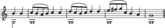 { \override Score.TimeSignature #'stencil = ##f \partial 2 \relative b' << { b4 b | c8^\( b a b\) c4 c | d8^\( c b c\) d4 d | e8\( fis g c,\) b4 a | g1 \bar "||" } \\ { g,2 g1 g g g } >> }