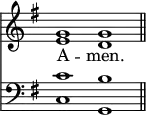 <<
\new Staff { \clef treble \time 4/2 \key g \major \set Staff.midiInstrument = "church organ" \omit Staff.TimeSignature
\relative c'' { << { g1 g \bar"||" } \\ { e d } >> } }
\new Lyrics \lyricmode { A -- men. }
\new Staff { \clef bass \key g \major \set Staff.midiInstrument = "church organ" \omit Staff.TimeSignature
\relative c' { << { c1 b } \\ { c,1 g } >> } }
>>
\layout { indent = #0 }
\midi { \tempo 2 = 76 }