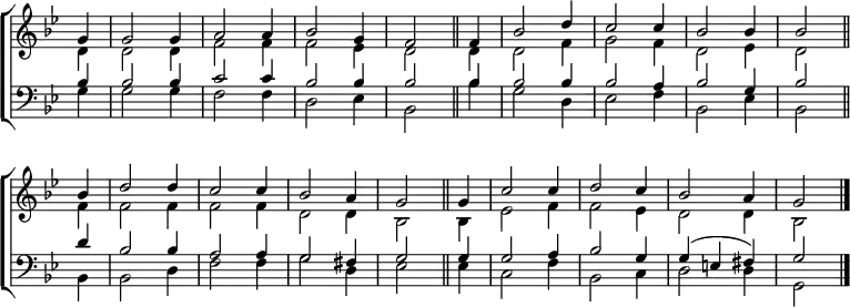 \new ChoirStaff <<
\new Staff { \clef treble \time 3/4 \key g \minor \partial 4 \set Staff.midiInstrument = "church organ" \omit Staff.TimeSignature \set Score.tempoHideNote = ##t \override Score.BarNumber #'transparent = ##t
\relative c''
<< { g4 | g2 g4 | a2 a4 | bes2 g4 | f2 \bar"||" f4 | bes2 d4 | c2 c4 | bes2 bes4 | bes2 \bar"||" \break
bes4 | d2 d4 | c2 c4 | bes2 a4 | g2 \bar"||" g4 | c2 c4 | d2 c4 | bes2 a4 | g2 \bar"|."} \\
{ d4 | d2 d4 | f2 f4 | f2 es4 | d2 d4 | d2 f4 | g2 f4 | d2 es4 | d2
f4 | f2 f4 | f2 f4 | d2 d4 | bes2 bes4 | es2 f4 | f2 es4 | d2 d4 | bes2 } >>
}
\new Staff { \clef bass \key g \minor \set Staff.midiInstrument = "church organ" \omit Staff.TimeSignature
\relative c'
<< { bes4 | bes2 bes4 | c2 c4 | bes2 bes4 | bes2 bes4 | bes2 bes4 | bes2 a4 | bes2 g4 | bes2
d4 | bes2 bes4 | a2 a4 | g2 fis4 | g2 g4 | g2 a4 | bes2 g4 | g( e fis) | g2 } \\
{ g4 | g2 g4 | f2 f4 | d2 es4 | bes2 bes'4 | g2 d4 | es2 f4 | bes,2 es4 | bes2
bes4 | bes2 d4 | f2 f4 | g2 d4 | es2 es4 | c2 f4 | bes,2 c4 | d2 d4 | g,2 } >>
}
>>
\layout { indent = #0 }
\midi { \tempo 4 = 152 }