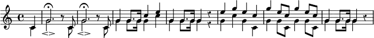 { \new Staff << \time 4/4 \partial 4 \override Score.Rest #'style = #'classical
\new Voice \relative c' { \stemUp
c4 | g'2.\fermata r8 c, | g'2.\fermata r8 c, | g'4 g8. g16 c4 e |
g,4 g8. g16 g4 d'\rest | e g e c | g' e8 c g'4 e8 c |
g4 g8. g16 g4 r }
\new Voice \relative c' { \stemDown
c4 | g'2._\espressivo s8 c, | g'2._\espressivo s8 c, |
g'4 g8. g16 g4 c |
g4 g8. g16 g4 e\rest | g c g c, | g' g8 c, g'4 g8 c, |
g'4 g8. g16 g4 } >> }