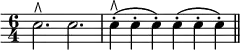 { \time 6/4 \override Score.Clef #'stencil = ##f \clef bass
e2.^\rtoe e | e4-.(^\rtoe e-. e-.) e-.( e-. e-.) \bar "||" }