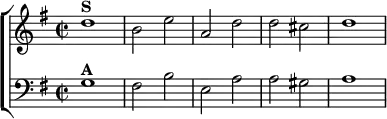 \new ChoirStaff <<
\new Staff \relative d'' { \key g \major \time 2/2
d1^\markup \bold "S" b2 e | a, d d cis | d1 }
\new Staff \relative g { \key g \major \clef bass
g1^\markup \bold "A" | fis2 b | e, a | a gis | a1 } >>