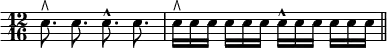 { \time 12/16 \override Score.Clef #'stencil = ##f \clef bass
e8.^\rtoe e e^^ e | e16^\rtoe e e e e e e^^ e e e e e \bar "||" }