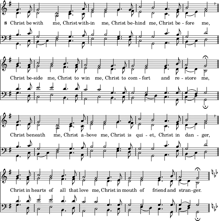 << <<
\new Staff { \clef treble \time 3/2 \key g \major \partial 2 \set Staff.midiInstrument = "church organ" \omit Staff.TimeSignature \set Score.tempoHideNote = ##t \override Score.BarNumber #'transparent = ##t
\relative c''
<< { g4. e8 | g2 d e4. a8 | g2 g2 4. 8 | c2 b a4. g8 | b2 a \breathe \bar"||" \break
b4. a8 | c2 b2 4. a8 | 2 g2 4. e8 | g2 g g4. b8 | a2 g \fermata \bar"||" \break
g4. e8 | g2 d e4. a8 | g2 g2 4. 8 | c2 b a4. g8 | b2 a \breathe \bar"||" \break
b4. a8 | c2 b2 4. a8 | 2 g2 4. e8 | g2 g g4. b8 | a2 g \fermata \bar"||"
\key g \minor } \\
{ d4. e8 | d2 a c4. 8 | e2 e g4. fis8 | e2 d c4. e8 | d4( e) fis2
g4. fis8 | g2 g fis4. 8 | e2 e d4. e8 | d2 e e4. d8 | e4( d) b2
d4. e8 | d2 a c4. 8 | e2 e g4. fis8 | e2 d c4. e8 | d4( e) fis2
g4. fis8 | g2 g fis4. 8 | e2 e d4. e8 | d2 e e4. d8 | e4( d) b2 } >>
}
\addlyrics { \set stanza = "8 "
Christ be with me, Christ with -- in me,
Christ be -- hind me, Christ be -- fore _ me,
Christ be -- side me, Christ to win me,
Christ to com -- fort and re -- store _ me,
Christ be -- neath me, Christ a -- bove me,
Christ is qui -- et, Christ in dan -- _ ger,
Christ in hearts of all that love me,
Christ in mouth of friend and stran -- _ ger.
}
\new Staff { \clef bass \key g \major \set Staff.midiInstrument = "church organ" \omit Staff.TimeSignature
\relative c'
<< { b4. c8 | g2 fis g4. a8 | b2 b g4. 8 | 2 2 c4. b8 | g2 d'
d4. 8 | e2 e d4. d8 | c2 c g4. 8 | 2 2 4. 8 | 4( fis) g2
b4. c8 | g2 fis g4. a8 | b2 b g4. 8 | 2 2 c4. b8 | g2 d'
d4. 8 | e2 e d4. d8 | c2 c g4. 8 | 2 2 4. 8 | 4( fis) g2
\key g \minor } \\
{ g,4. c8 | b4( c) d2 c4. a8 | e'2 e e4. d8 | c2 g a4. e'8 | b4( c) d2
g4. d8 | c2 e b4. d8 | a2 c b4. c8 | b2 e4( d) c4. g8 | c4( d) g,2 \fermata
g4. c8 | b4( c) d2 c4. a8 | e'2 e e4. d8 | c2 g a4. e'8 | b4( c) d2
g4. d8 | c2 e b4. d8 | a2 c b4. c8 | b2 e4( d) c4. g8 | c4( d) g,2 \fermata } >>
}
>> >>
\layout { indent = #0 }
\midi { \tempo 2 = 72 }