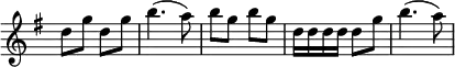 \relative d'' { \key g \major \time 2/4 \override Score.TimeSignature #'stencil = ##f d8 g d g | b4.( a8) | b g b g | d16 d d d d8 g | b4.( a8) }