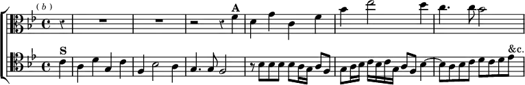 \new ChoirStaff << \override Score.Rest #'style = #'classical
\new Staff \relative f' { \clef alto \key bes \major \time 4/4 \partial 4 \mark \markup \tiny { ( \italic b ) }
r4 R1*2 r2 r4 f^\markup \bold "A" | d g c, f |
bes ees2 d4 | c4. c8 bes2 }
\new Staff \relative c' { \clef tenor \key bes \major
c4^\markup \bold "S" | a d g, c | f, bes2 a4 | g4. g8 f2 |
r8 bes bes bes bes a16 g a8 f |
g a16 bes c bes c g a8 f bes4 ~ |
bes8 a bes c d c d ees^"&c." } >>