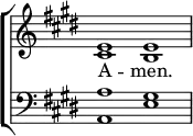 \new ChoirStaff <<
\new Staff { \clef treble \time 4/2 \key e \major \set Staff.midiInstrument = "church organ" \omit Staff.TimeSignature \set Score.tempoHideNote = ##t \override Score.BarNumber #'transparent = ##t
\relative c'
<< { e1 e } \\
{ cis b } >>
}
\addlyrics { A -- men. }
\new Staff { \clef bass \key e \major \set Staff.midiInstrument = "church organ" \omit Staff.TimeSignature
\relative c'
<< { a gis } \\
{ a, e' } >>
}
>>
\layout { indent = #0 }
\midi { \tempo 4 = 92 }