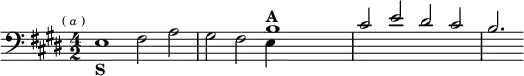 \relative b { \clef bass \key e \major \time 4/2 \mark \markup \tiny { ( \italic a ) } << { s1 s s b^\markup { \bold A } | cis2 e dis cis | b2. } \\ { e,1_\markup { \bold S } fis2 a | gis fis e4 s } >> }