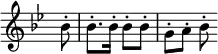 { \relative b' { \time 2/4 \override Score.TimeSignature #'stencil = ##f \key bes \major \stemDown \partial 8
bes8-. | bes8.-. bes16-. bes8-. bes-. | g-. a-. bes8-. } }