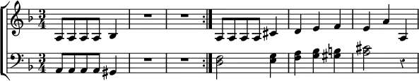 \new ChoirStaff << \compressMMRests \override Score.Rest #'style = #'classical
\new Staff \relative a { \key f \major \time 3/4
\repeat volta 2 { a8 a a a bes4 | R2.*2 }
a8 a a a cis4 | d e f e a a, }
\new Staff \relative a, { \clef bass \key f \major
a8 a a a gis4 R2.*2 | <d' f>2 <e g>4 <f a> <g bes> <gis b> <a cis>2 r4 } >>