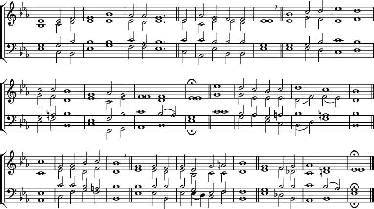 \new ChoirStaff <<
\new Staff { \clef treble \time 4/2 \key es \major \set Staff.midiInstrument = "church organ" \omit Staff.TimeSignature \set Score.tempoHideNote = ##t \override Score.BarNumber #'transparent = ##t
\relative c'
<< { es1 es2 f | g1 bes | \time 6/2 aes2 2 g1. \bar"||"
es2 | \time 4/2 aes g f f | \time 2/2 es1 \breathe \bar"||"
\time 4/2 bes' c2 d | es1 d \break c2 c bes1 \bar"||"
g aes2 g | f1 f | es \fermata \bar"||"
es' | d2 c bes c | d1 c | bes \bar"||" \break
c | g2 aes bes c | \time 2/2 bes1 \breathe \bar"||"
\time 4/2 g g2 f | g es g a | \time 2/2 bes1 \bar"||"
\time 4/2 g f2 g | aes1 f | es \fermata \bar"|." } \\
{ bes1 c2 d | es1 1 | 2 d es1. 2 |c es es d | es1 | 1 g2 f | es1 f
g2 f d1 | es c2 es | f1 d | es g | g2 es es es | d( f) f( es) | d1
c | es2 f d f | d1 | es es2 d | es bes c c | d1 | es f2 des | c1 d! | es } >>
}
\new Staff { \clef bass \key es \major \set Staff.midiInstrument = "church organ" \omit Staff.TimeSignature
\relative c'
<< { g1 2 bes | bes1 1 | c2 aes bes1. c2 | c bes bes bes | g1 | 1 2 bes | c1 bes
g2 a bes1 | es, f2 bes | c1 bes2( aes) | g1 c | bes2 aes g a | bes1 a | bes
es, | c'2 2 bes a | bes1 | 1 2 2 | 2 g es f | f1 | g bes2 2 | c1 bes2( aes) | g1 \fermata } \\
{ es1 c2 bes | es1 g | f2 f es1. c2 | aes es' bes bes | es1 | es es2 d | c1 d
es2 f bes,1 | c f,2 g | aes1 bes | es \fermata
c' | g2 aes es c | bes( d) f1 | bes,
aes | c2 f g f | bes,1 | es es2 bes | es es4( d) c2 f | bes,1
es des2 bes | aes1 bes | es \fermata } >>
}
>>
\layout { indent = #0 }
\midi { \tempo 2 = 76 }