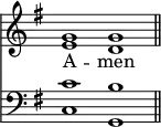 << <<
\new Staff { \clef treble \time 4/2 \key g \major \set Staff.midiInstrument = "church organ" \omit Staff.TimeSignature
\relative c'' { << { g1 g \bar"||" } \\ { e d } >> }
}
\new Lyrics \lyricmode { A -- men }
\new Staff { \clef bass \key g \major \set Staff.midiInstrument = "church organ" \omit Staff.TimeSignature
\relative c' { << { c1 b } \\ { c,1 g } >> }
}
>> >>
\layout { indent = #0 }
\midi { \tempo 2 = 80 }
