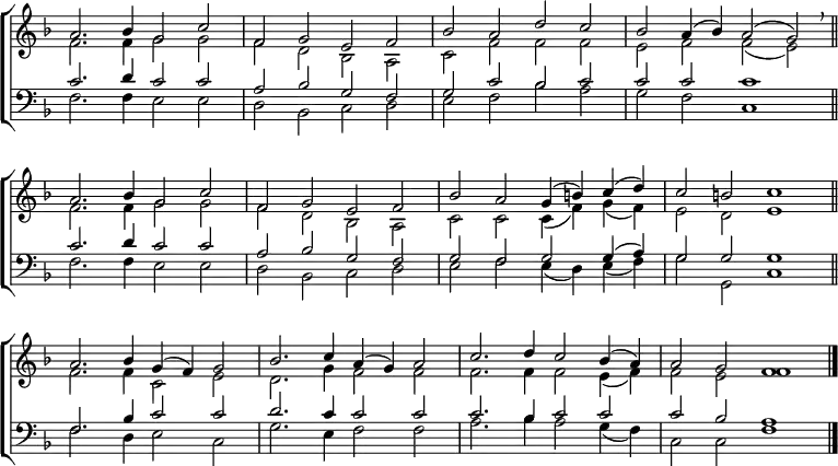 \new ChoirStaff <<
\new Staff { \clef treble \time 4/2 \key f \major \set Staff.midiInstrument = "church organ" \omit Staff.TimeSignature \set Score.tempoHideNote = ##t \override Score.BarNumber #'transparent = ##t
\relative c''
<< { a2. bes4 g2 c | f, g e f | bes a d c | bes a4( bes) a2( g) \breathe \bar"||" \break
a2. bes4 g2 c | f, g e f | bes a g4( b) c( d) | c2 b c1 \bar"||" \break
a2. bes4 g( f) g2 | bes2. c4 a( g) a2 | c2. d4 c2 bes4( a) | a2 g f1 \bar"|." } \\
{ f2. 4 g2 g | f d bes a | c f f f | e f f( e)
f2. 4 g2 g | f d bes a | c c c4( f) g( f) | e2 d e1
f2. 4 c2 e | d2. g4 f2 f | f2. 4 2 e4( f) | f2 e f1 } >>
}
\new Staff { \clef bass \key f \major \set Staff.midiInstrument = "church organ" \omit Staff.TimeSignature \override Staff.NoteHead.style = #'altdefault
\relative c'
<< { c2. d4 c2 c | a bes g f | g c bes c | c c c1
c2. d4 c2 c | a bes g f | g f g g4( a) | g2 g g1
f2. bes4 c2 c | d2. c4 2 2 | 2. bes4 c2 c | c bes a1 } \\
{ f2. 4 e2 e | d bes c d | e f bes a | g f c1
f2. 4 e2 e | d bes c d | e f e4( d) e( f) | g2 g, c1
f2. d4 e2 c | g'2. e4 f2 f | a2. bes4 a2 g4( f) | c2 c f1 } >>
}
>>
\layout { indent = #0 }
\midi { \tempo 2 = 80 }