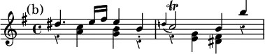 { \new Staff << \mark "(b)" \key e \minor \time 4/4 \override Score.Rest #'style = #'classical
\new Voice \relative d'' { \stemUp
dis4. e16 fis e4-. b-. | \appoggiatura d! c2\trill b4 b' }
\new Voice \relative a' { \stemDown
r4 <a c> <g b> r | r <g e> <fis dis> r } >> }
