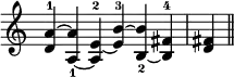 { \relative d' { \override Score.TimeSignature #'stencil = ##f \cadenzaOn
<d a'>4^1 ^~ <a' a,>_1 _~ <a, e'>^2 _~ <e' b'>^3 ^~ <b' b,>_2 _~ <b, fis'>^4 \bar "|" <d fis!> \bar "||" } }