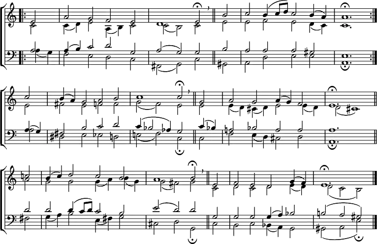 \new ChoirStaff <<
\new Staff { \clef treble \time 4/2 \key c \major \partial 2 \set Staff.midiInstrument = "church organ" \omit Staff.TimeSignature \set Score.tempoHideNote = ##t \override Score.BarNumber #'transparent = ##t
\relative c'
<< { \bar".|:" e2 | a g f e | d1 e2 \fermata \breathe \bar"||"
b' | c b4( c8 d) c2 b4( a) | a1. \fermata \bar":|." \break
c2 | b4( a) g2 a b | c1 c2 \fermata \breathe \bar"||"
g | a g a4( g) f2 | e1. \fermata \bar"||" \break
c'!2 | b4( c) d2 c b | a1 b2 \fermata \breathe \bar"||"
e, | f e d g4( f) | e1. \fermata \bar"|." } \\
{ c2 | c4( d) e2 a,4( b) c2 | c2( b) c
e | e f e d4( c) | c1.
e2 | fis e f f | g( f) e
e | e4( d) cis( d) e2 e4( d) | d2( cis1)
a'2 | g g g4( a) b( g) | g2( fis) g
c, | d c d e4( d) | d2( c b) } >>
}
\new Staff { \clef bass \key c \major \set Staff.midiInstrument = "church organ" \omit Staff.TimeSignature \override Staff.NoteHead.style = #'altdefault
\relative c'
<< { a2 | a4( b) c2 d g, | a( g) g
b | a a a gis | e1.
a4( g) | fis2 b2 c d | c4( bes2 aes4) g2
c4( bes!) | a!2 bes a a | a1.
d2 | d d4( c8 d) c2 b | e( d) d
g, | g g g4( a) bes2 | b!( a gis) } \\
{ a4( g) | f2 e d c | fis,( g) c
gis | a d e e | a,1. \fermata
a'2 | dis, e es d | e!2( f) c \fermata
c | f e4( d) cis2 d | a1. \fermata
fis'2 | g4( a) b2 e,4( fis) g2 | cis, d g, \fermata
cis | b c bes4( a) g2 | gis( a e') \fermata } >>
}
>>
\layout { indent = #0 }
\midi { \tempo 2 = 42 }