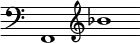 { \override Score.TimeSignature #'stencil = ##f \time 4/1 \clef bass f,1 \clef treble bes' }