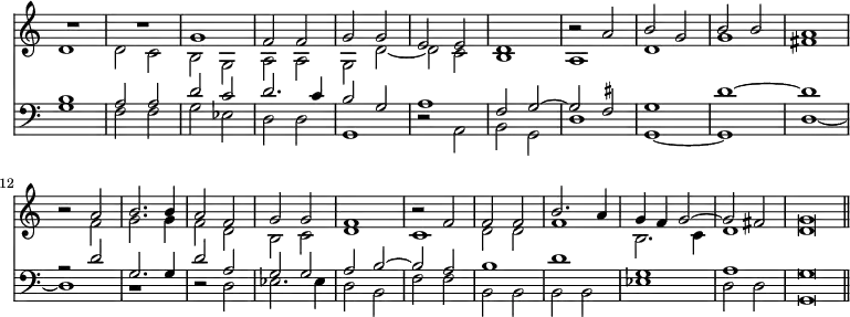 << \time 2/2 \override Score.TimeSignature #'stencil = ##f \new Staff << \new Voice { \relative g' { \stemUp R1*2 g1 | f2 f | g g |
e e d1 | r2 a' | b g | b b |
a1 | r2 a | b2. b4 | a2 f | g g | f1 |
r2 f | f f | b2. a4 | g f g2 ^~ | g fis | g\breve*1/2 \bar "||" } }
\new Voice { \relative d' { \stemDown d1 | d2 c | b g | a a | g d' _~
d c | b1 | a | d | g |
fis | r2 f | g2. g4 | f2 d | b c | d1 |
c | d2 d | f1 | b,2. c4 | d1 | d\breve*1/2 } } >>
\new Staff << \clef bass \new Voice { \relative b { \stemUp
b1 | a2 a | d c | d2. c4 | b2 g |
a1 | f2 g ^~ | g \set suggestAccidentals = ##t fis | g1 d' ^~ |
d | r2 d | g,2. g4 | d'2 a | g g | a b ^~ |
b a | b1 d g, a g\breve*1/2 } }
\new Voice { \relative g { \stemDown g1 | f2 f | g ees | d d | g,1 |
r2 a | b g | d'1 | g,1 _~ g |
d' _~ d | r | r2 d | ees2. ees4 | d2 b |
f' f | b, b b b | ees1 | d2 d | g,\breve*1/2 } } >> >>