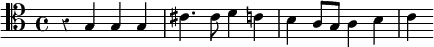 \relative g { \clef tenor \time 4/4 \override Score.Rest #'style = #'classical r4 g g g | cis4. cis8 d4 c | b a8 g a4 b | c }