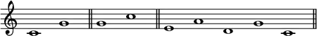 { \override Score.TimeSignature #'stencil = ##f \cadenzaOn
c'1 g' \bar "||" g' c'' \bar "||" e' a' d' g' c' \bar "||" }