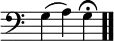 \relative c { \override Score.TimeSignature #'stencil = ##f \time 3/4 \clef bass g'4(a) g\fermata \bar ".." }