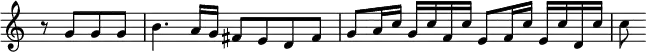 \relative g' { \key c \major \time 4/4 \partial 2 \override Score.TimeSignature #'stencil = ##f
r8 g g g | b4. a16 g fis8 e d fis | g a16 c g c f, c' e,8 f16 c' e, c' d, c' | c8 }