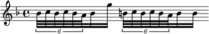 { \key d \minor \time 4/4 \relative b' {
\tuplet 6/4 { bes32 c bes c bes a } bes16 g'
\tuplet 6/4 { b,32 c b c b a } b16 b } }