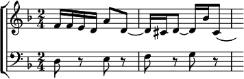 \new ChoirStaff <<
\new Staff \relative f' { \key d \minor \time 2/4
f16 f e d a'8 d, ~ d16 cis d8 ~ d16 bes' cis,8( | s) }
\new Staff \relative d { \clef bass \key d \minor
d8 r e r | f r g r s } >>