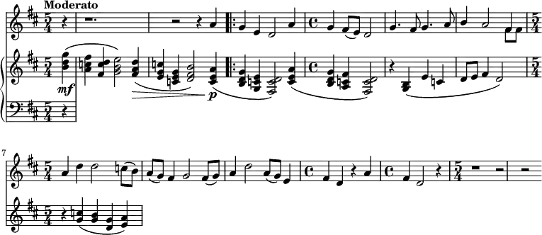 \relative c'' {
<<
\new Staff {
\time 5/4
\key d \major
\tempo "Moderato"
\partial 4 r4
r1. r2 r4 a4
\bar ".|:" g e d2 a'4
\time 4/4
g4 fis8( e) d2 g4. fis8 g4. a8 << {b4 a2 fis4} \\ {s2 s4 fis8 fis} >>
\time 5/4
a4 d d2 c8 (b) a (g) fis4 g2 fis8 (g) a4 d2 a8 (g) e4
\time 4/4
fis4 d r4 a'4
\time 4/4
fis4 d2 r4 \time 5/4 r1 r2 r2
}
\new GrandStaff <<
\new Staff {
\key d \major
<b' d g>4\mf\( <a c fis> <fis c' d> <g b e>2\) <fis a d>4\>\( <e g c> <c e g> <d fis b>2\) <c e a>4\!\p\( <b d g> <g c e> <fis c' d>2\) <c' e a>4\( <b d g> <a c fis> <fis c' d>2\) r4 <g b>4\( e' c d8 e fis4 d2\) r4 <g c>\( <g b> <d g> <e a>\)
}
\new Staff {
\clef "bass"
\key d \major
r4
}
>>
>>
}