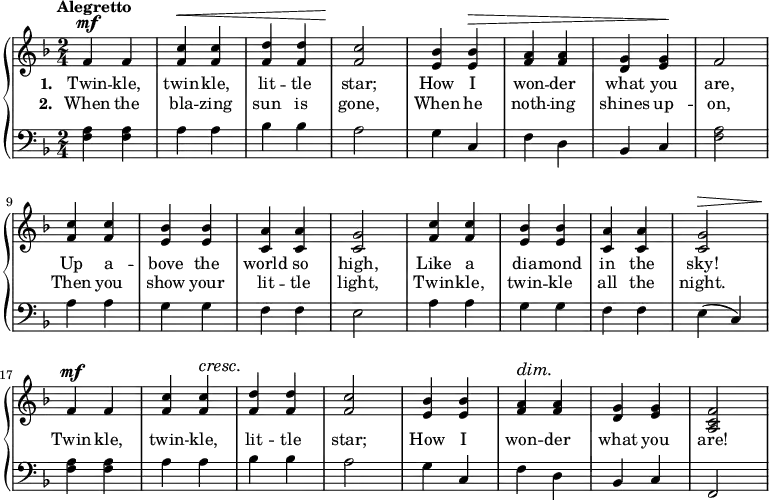 \relative f' {
\new PianoStaff <<
\new Staff {
\time 2/4
\tempo "Alegretto"
\key f \major
f^\mf f | <f c'>^\< <f c'> |
<f d'> <f d'> | <f c'>2\! |
<e bes'>4 <e bes'>^\> | <f a> <f a> |
<d g> <e g>\! | f2 |
<f c'>4 <f c'> | <e bes'> <e bes'> |
<c a'> <c a'> | <c g'>2 |
<f c'>4 <f c'> | <e bes'> <e bes'> |
<c a'> <c a'> | <c g'>2^\> |
f4\!^\mf f | <f c'> <f c'>^\cresc |
<f d'>\! <f d'> | <f c'>2 |
<e bes'>4 <e bes'> | <f a>^\dim <f a>\! |
<d g> <e g> | <a, c f>2 |
}
\addlyrics {
\set stanza = #"1. "
Twin -- kle, twin -- kle,
lit -- tle star;
How I won -- der
what you are,
Up a -- bove the
world so high,
Like a dia -- mond
in the sky!
Twin -- kle, twin -- kle,
lit -- tle star;
How I won -- der
what you are!
}
\addlyrics {
\set stanza = #"2. "
When the bla -- zing
sun is gone,
When he noth -- ing
shines up -- on,
Then you show your
lit -- tle light,
Twin -- kle, twin -- kle
all the night.
}
\new Staff {
\clef "bass"
\key f \major
<f a>4 <f a> | a a |
bes bes | a2 |
g4 c, | f d |
bes c | <f a>2 |
a4 a | g g |
f f | e2 |
a4 a | g g |
f f | e( c) |
<f a>4 <f a> | a a |
bes bes | a2 |
g4 c, | f d |
bes c | f,2 |
}
>>
}