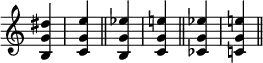 { \relative d'' { \override Score.TimeSignature #'stencil = ##f \time 1/4
<dis g, b,> <e g, c,> \bar "||"
<ees g, b,> <e! g, c,> \bar "||"
<ees g, ces,> <e! g, c,!> \bar "||" } }