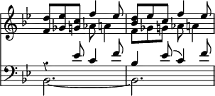 { << \new Staff << \time 6/8 \override Score.TimeSignature #'stencil = ##f \override Score.Rest #'style = #'classical \key bes \major
\new Voice \relative d'' { \stemUp
<d f,>8 <ees ges,> <c g> f4 ees8 |
<d bes> ees c f4 ees8 }
\new Voice \relative a' { \stemDown
s4. aes8 a4 | f8 ges g aes8 a4 } >>
\new Staff << \key bes \major \clef "bass"
\new Voice \relative e' { \stemUp
r4 ees8 c4 f8 | bes,4 ees8^( c4) f8 }
\new Voice \relative b, { \stemDown bes2. _~ | bes } >> >> }