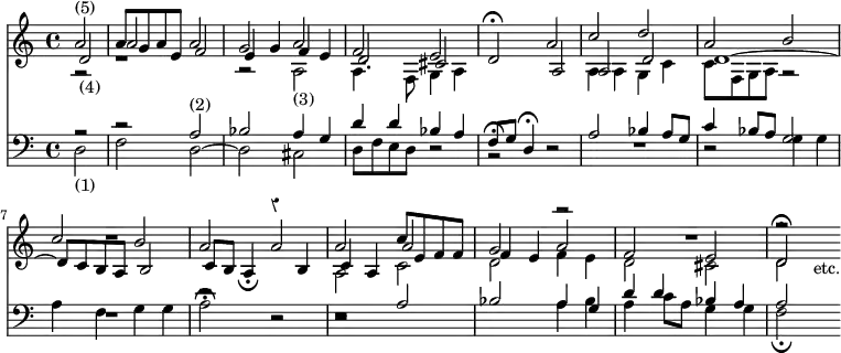 << \new Staff << \time 4/4 \override Score.Rest #'style = #'classical \partial 2 \new Voice \relative a' { \stemUp a2^"(5)" a8 g a e a2 | g a | f e | d\fermata a' | c d | a b | c b | a a | a c8 e, f f | g2 a | f e | d\fermata s4_"etc." }
\new Voice \relative d' { \stemUp d2_"(4)" a' f | e4 g f e | d2 cis | s a | a d | d1 ^~ | d8 c b a b2 | c8 b a4_\fermata r b | c a a'2 | f4 e r2 | R1 | r2 }
\new Voice \relative a { \stemDown r2 r1 r2 a_"(3)" | a4. f8 g4 a | s1 | a4 a g c | c8 f, g a r2 | R1 | s1 | a2 c | d f4 e | d2 cis | d } >>
\new Staff << \clef bass \new Voice \relative a { \stemUp r2 r a^"(2)" bes a4 g | d' d bes a | f8 g d4\fermata s2 | a'2 bes4 a8 g | c4 bes8 a g2 | R1 | r2 r | r a | bes a4 g | d' d bes a | a2 }
\new Voice \relative d { \stemDown d2_"(1)" | f d ~ | d cis | d8 f e d r2 | r\fermata r | R1 | r2 g4 g | a f g g | a2\fermata r r1 s2 a4 bes | a c8 a g4 g | f2_\fermata s4 } >> >>