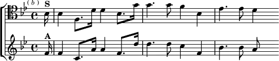 \new ChoirStaff <<
\new Staff \relative b { \clef tenor \key bes \major \time 4/4 \partial 16 \mark \markup \tiny { ( \italic b ) }
bes16^\markup \bold "S" | bes4 f8. d'16 d4 bes8. g'16 |
g4. g8 f4 bes, | ees4. ees8 d4 }
\new Staff \relative f' { \key bes \major
f16^\markup \bold "A" | f4 c8. a'16 a4 f8. d'16 |
d4. d8 c4 f, | bes4. bes8 a } >>