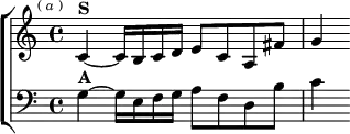 \new ChoirStaff <<
\new Staff \relative c' { \key c \major \time 4/4 \mark \markup \tiny { ( \italic a ) }
c4^\markup \bold "S" ~ c16 b c d e8 c a fis' | g4 }
\new Staff \relative g { \clef bass \key c \major
g4^\markup \bold "A" ~ g16 e f g a8 f d b' | c4 } >>