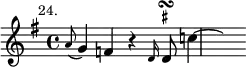 { \relative a' { \key g \major \time 4/4 \mark \markup \small "24."
\appoggiatura a8 g4 f r \grace d16 \once \override TextScript.script-priority = #-100 d8\turn^\markup \teeny \sharp c'!4 ~ | \hideNotes c } }