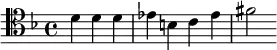 \relative d' { \clef tenor \key d \minor \time 4/4 \partial 2. d4 d d | ees b c ees | fis2 }