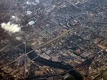An aerial photograph of downtown Indianapolis